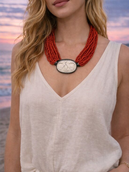 Jewelry - Statement Red Beaded Necklace ❤️ Vintage Coral Look | Bold Coastal Chic